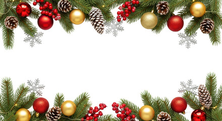 Christmas Holiday Border Frame with Pine Branches, Red and Gold Ornaments, and Berries isolated PNG with Transparent Background