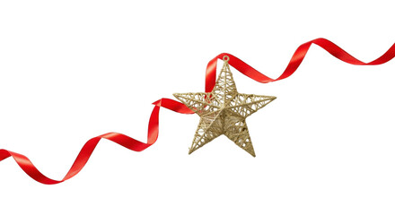 Isolated Golden Glitter Christmas Star Ornament Hanging from Flowing Red Satin Ribbon isolated PNG with Transparent Background