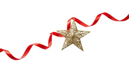 Isolated Golden Glitter Christmas Star Ornament Hanging from Flowing Red Satin Ribbon isolated PNG with Transparent Background