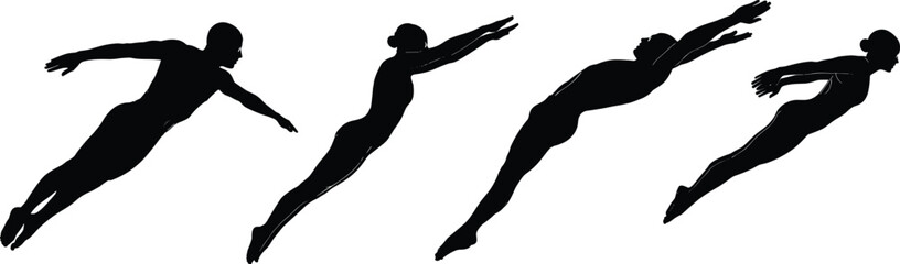 Diving silhouette sequence set, streamlined motion, black on white, athletic posture, body mechanics, sports icon, fluid movement, technique