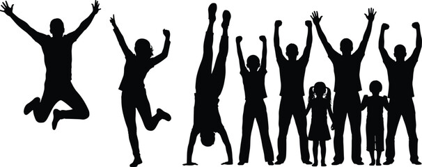 Celebration silhouette pose set, joyful movement, jumping, handstand, raised arms, black on white, family icon, expressive posture, community gesture