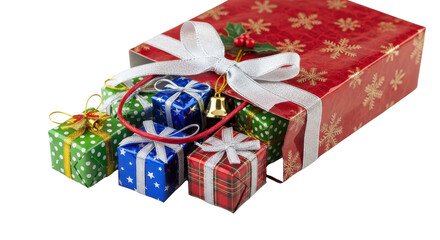 Large Red Christmas Gift Box tied with White Ribbon and smaller Colorful Holiday Presents isolated PNG with Transparent Background
