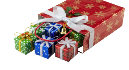 Large Red Christmas Gift Box tied with White Ribbon and smaller Colorful Holiday Presents isolated PNG with Transparent Background