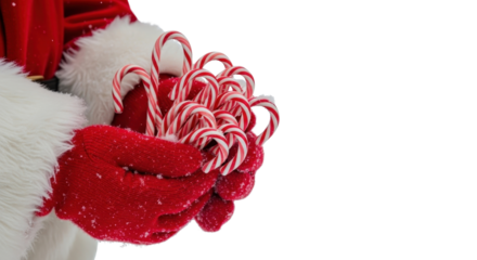 Close up of Santa Claus's red gloves holding a large bundle of striped Christmas candy canes. isolated PNG with Transparent Background