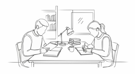 Two students studying diligently at a desk with books and a lamp.