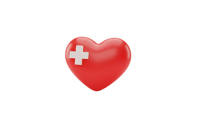 A glossy red heart symbol with a white swiss flag emblem representing health and national pride against a stark black background