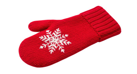 Red knitted winter mitten with white embroidered snowflake, isolated product shot isolated PNG with Transparent Background