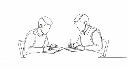 Two men drawing or writing at a table in a continuous line art style.
