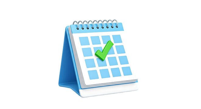 A blue desk calendar with a green checkmark on a day symbolizing planning and task completion