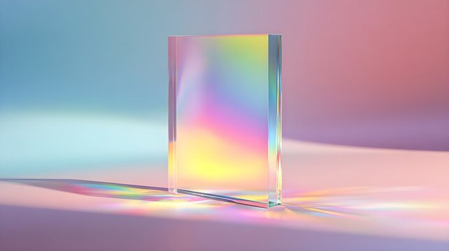 Clear glass prism refracting light, casting colorful rainbow reflections and iridescent flares, creating a vibrant abstract holographic effect on a pastel background