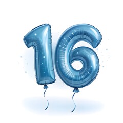 Blue number 16 balloons isolated on white background