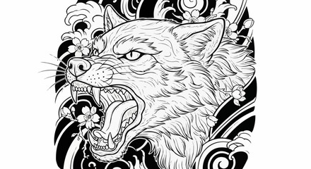 Detailed Line Art of a Snarling Wolf Head.