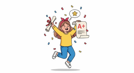 Excited Girl Jumps with A Grade and Diploma in Celebration.