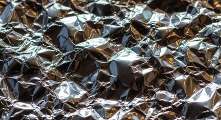Close-up of crumpled aluminum foil with reflective surface and abstract texture.