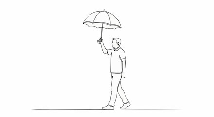 Man Walking with Umbrella in Simple Line Art Style.