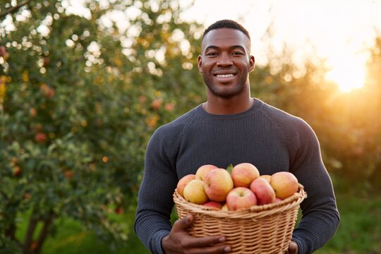 Man enjoys collecting fresh apples in a sunlit orchard