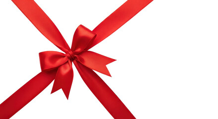 Red satin gift ribbon bow and diagonal straps isolated PNG with Transparent Background