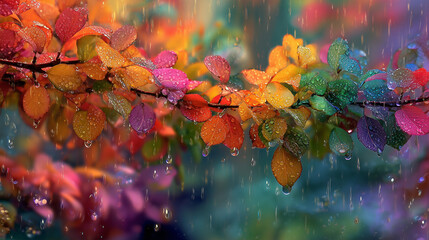 Rainy day scene with colorful leaves on tree branch, water droplets falling. Rainy day mood evokes peace and tranquility with nature. Use images of rainy day to promote calm, serene scene,