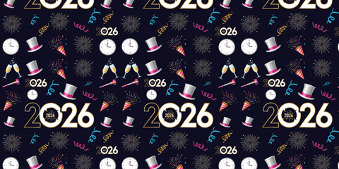 Elegant Golden 2026 New Year Party Seamless Pattern with Champagne and Fireworks.