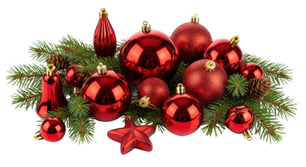 Christmas centerpiece arrangement with red ornaments, green pine branches, and pinecones isolated PNG with Transparent Background