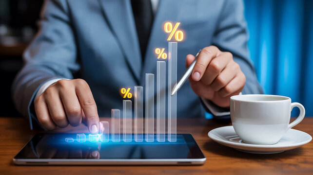 Person analyzes financial growth with percentage chart - Powered by Adobe