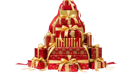 Large stack of luxury red and gold Christmas gifts with decorative ribbon bows isolated PNG with Transparent Background