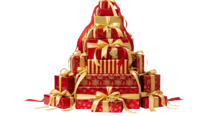 Large stack of luxury red and gold Christmas gifts with decorative ribbon bows isolated PNG with Transparent Background