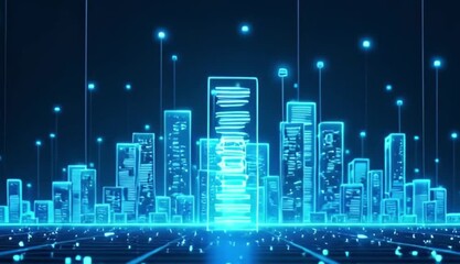 Futuristic Smart City Skyline Digital Network Connected Data Flow Architecture Global Business Technology Background - Powered by Adobe