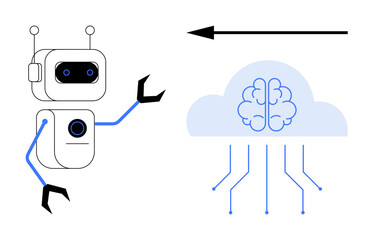 Artificial Intelligence. AI ed by a robot interacting with a neural network within a cloud system. Artificial intelligence in technology, automation, machine learning, and futuristic design. For data