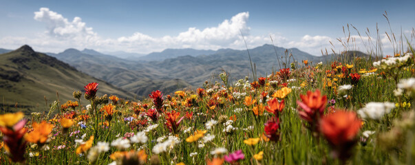 Vibrant wildflower blooming landscape mountain range nature photography spring season panoramic view serenity in nature