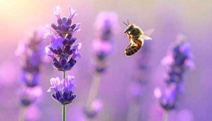 A bee mid-flight approaches a lavender flower, illuminated by a soft glow, in a lavender field