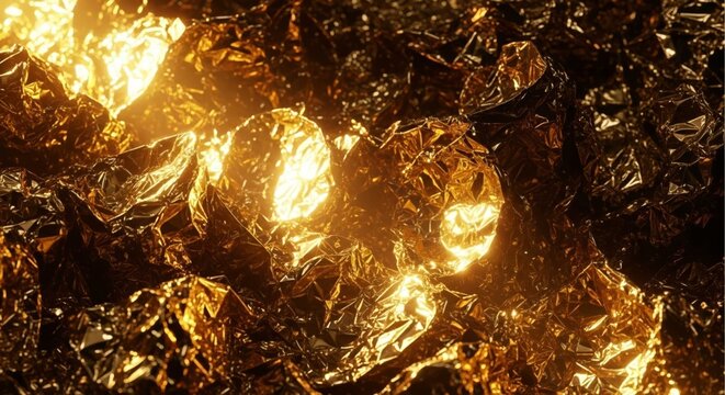 Luxurious crumpled gold foil background with bright glowing orbs.