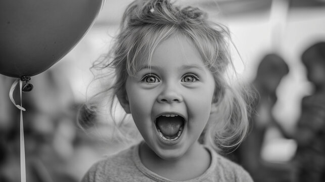 Portrait of a happy child filled with joy, expressing a delightful, innocent happiness. This happy child exhibits pure emotion and excitement in a black and white monochrome photo.