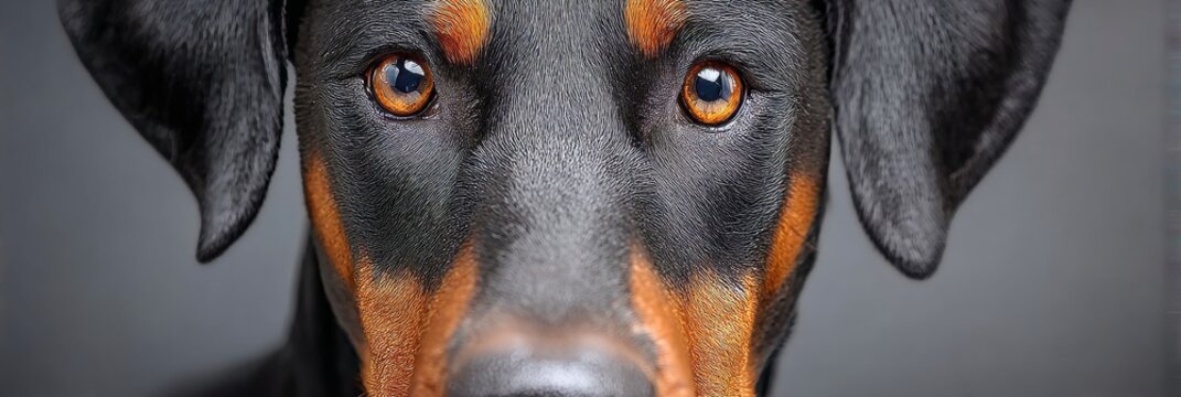 Elegant doberman pinscher portrait showcasing intelligence and expressive eyes on gray background.