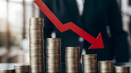 The image shows stacked golden coins descending in height, with a red arrow pointing downwards to emphasize