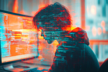 Generative AI glitch art of successful digital freelancer or businessman with distorted face and abstract technology effect