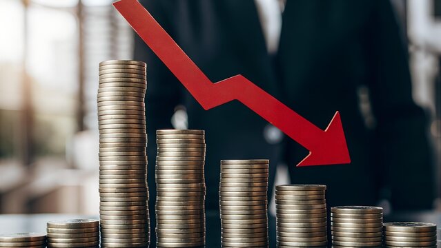 The image shows stacked golden coins descending in height, with a red arrow pointing downwards to emphasize