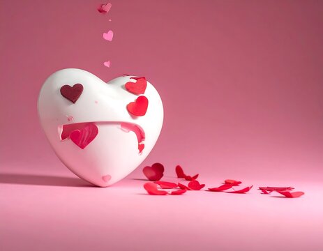 A white heart sculpture shedding red hearts on a pink surface and backdrop with more hearts falling above