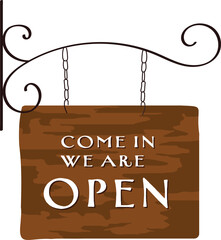 Rustic Open Sign Hanging on Wrought Iron Vector