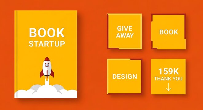 Book startup concept with rocket launch and social media elements - Powered by Adobe
