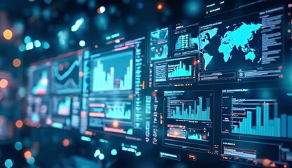 Futuristic Big Data Dashboard with Glowing Screens Displaying Business Intelligence Charts Graphs and World Map for Deep Analysis - Powered by Adobe