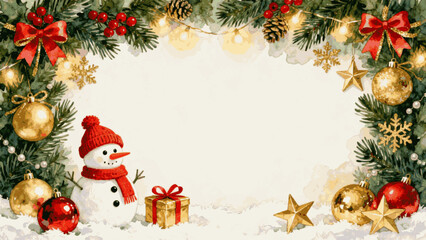 Painted Winter Border Christmas Frame with Snowman isolated watercolor vector illustration svg