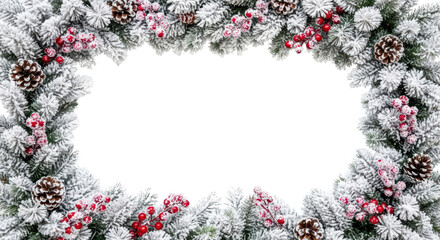 Christmas wreath with snow, pine cones, and red berries forming a frame isolated PNG with Transparent Background