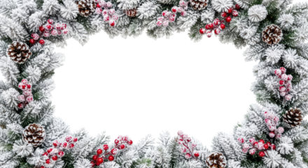 Christmas wreath with snow, pine cones, and red berries forming a frame isolated PNG with Transparent Background