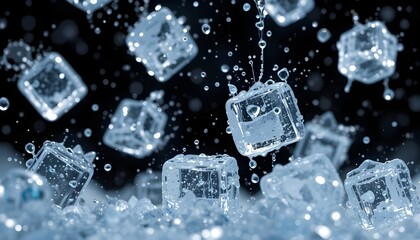 ice cubes falling with droplets isolated