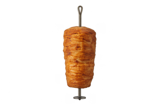 Doner kebab meat cooking on vertical rotisserie skewer