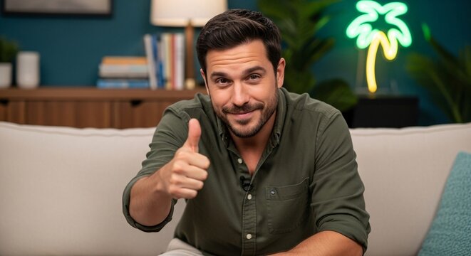 Positive Vibes Young Man Giving Thumbs Up on Sofa Engaging Portrait of Millennial Expressing Optimism in Home Setting with Calmness and Confidence Smiling Person