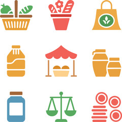 Grocery shopping icons basket produce market stall jars scales