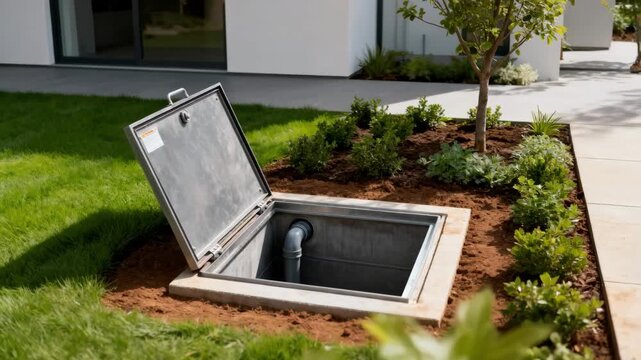 Medium shot of an underground rainwater storage tank with accessible maintenance hatch surrounded by green landscaping