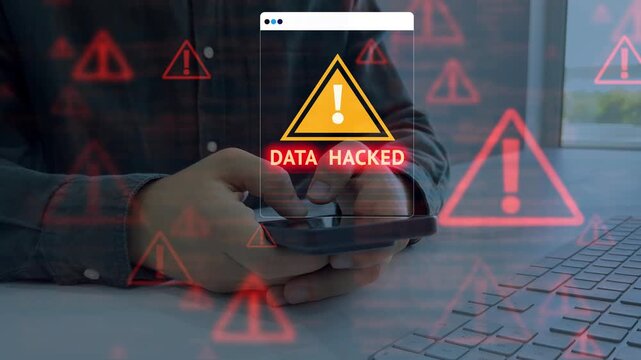 Cybersecurity warning concept depicting scam alerts, system hacks, digital threats, emphasizing data protection, online safety, and monitoring in a high-tech, virtual screen